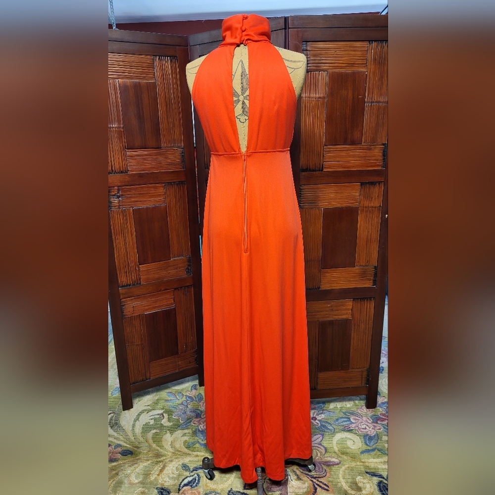 Women's Shawn Orginals Vintage Firey Orange Red Turtle Halter Maxi Dress Size 10 - Picture 5 of 15